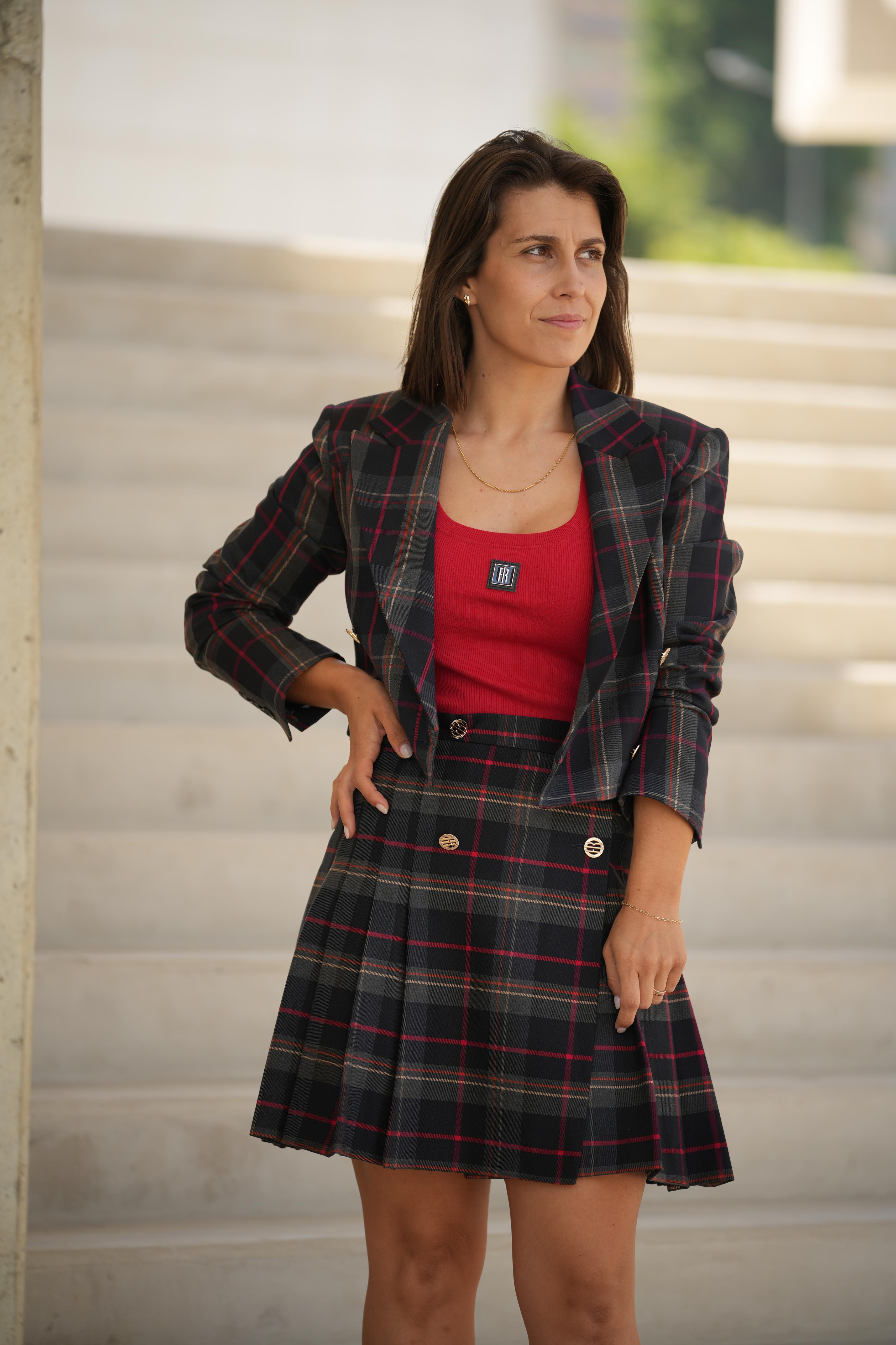 Blazer curto xadrez de abotoamento duplo com estampa Fracomina