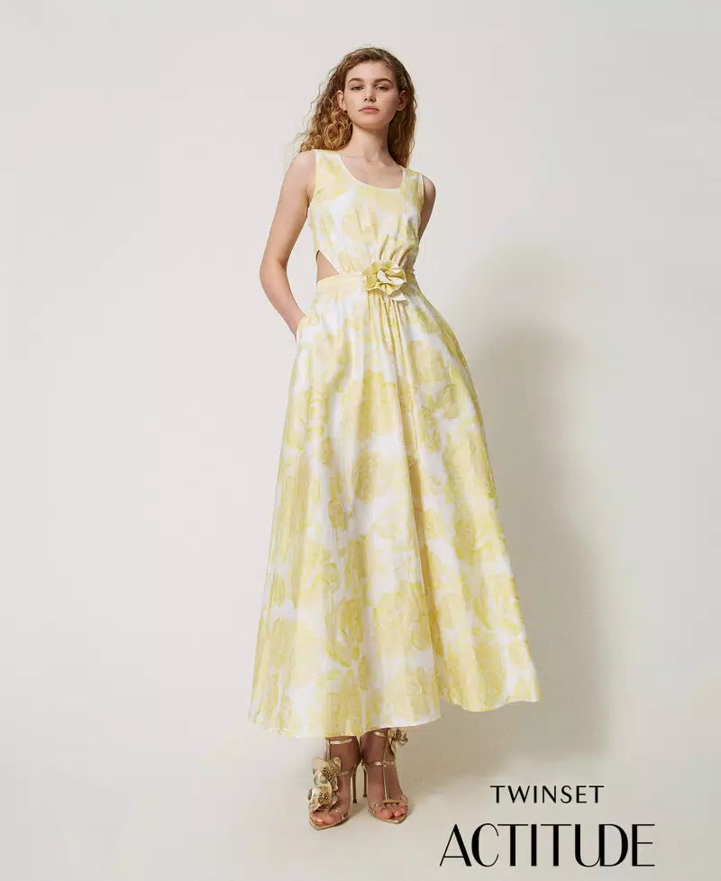 Vestido longo estampado com aplicação de rosa TWINSET ACTITUDE