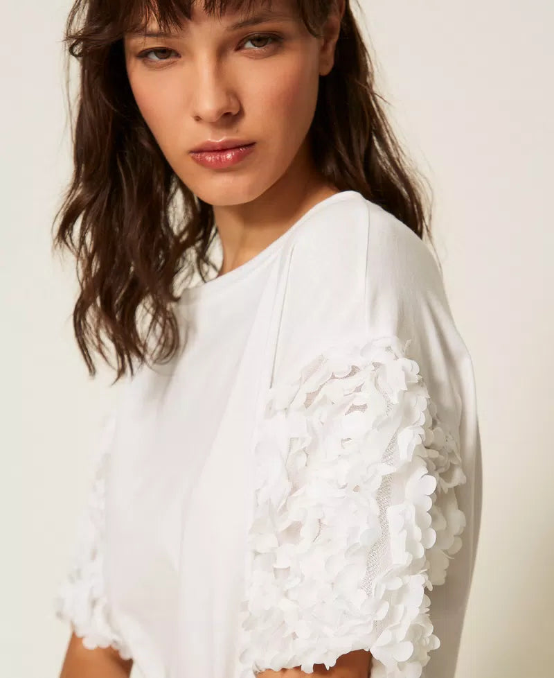 T-shirt com mangas de tule florais TWINSET