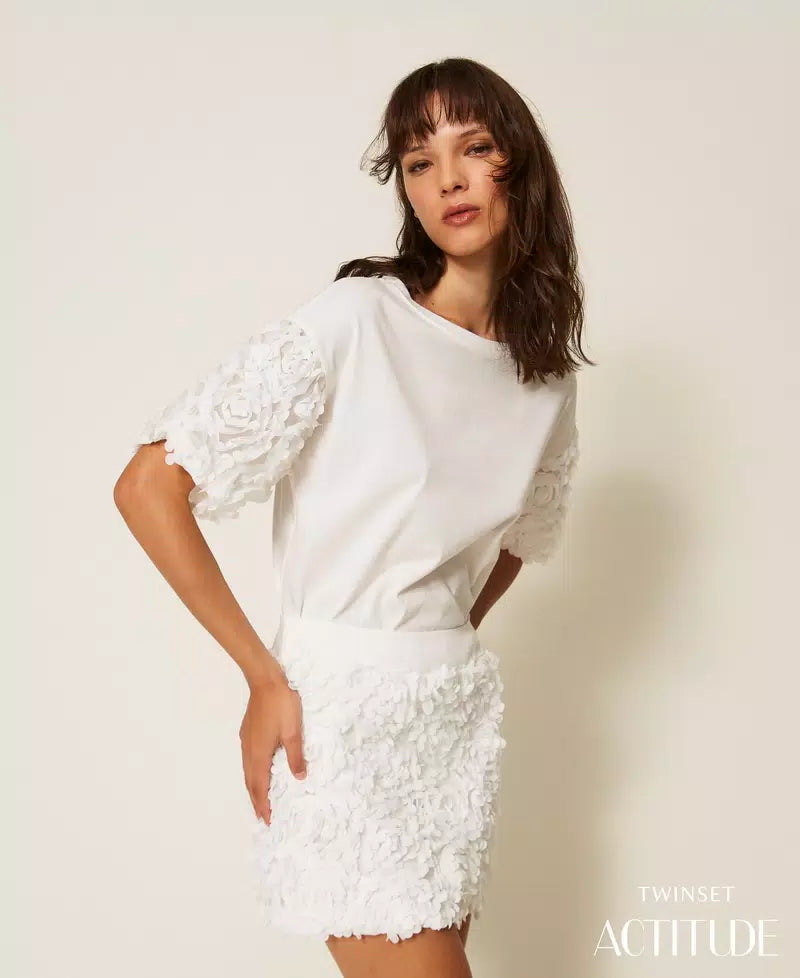 T-shirt com mangas de tule florais TWINSET