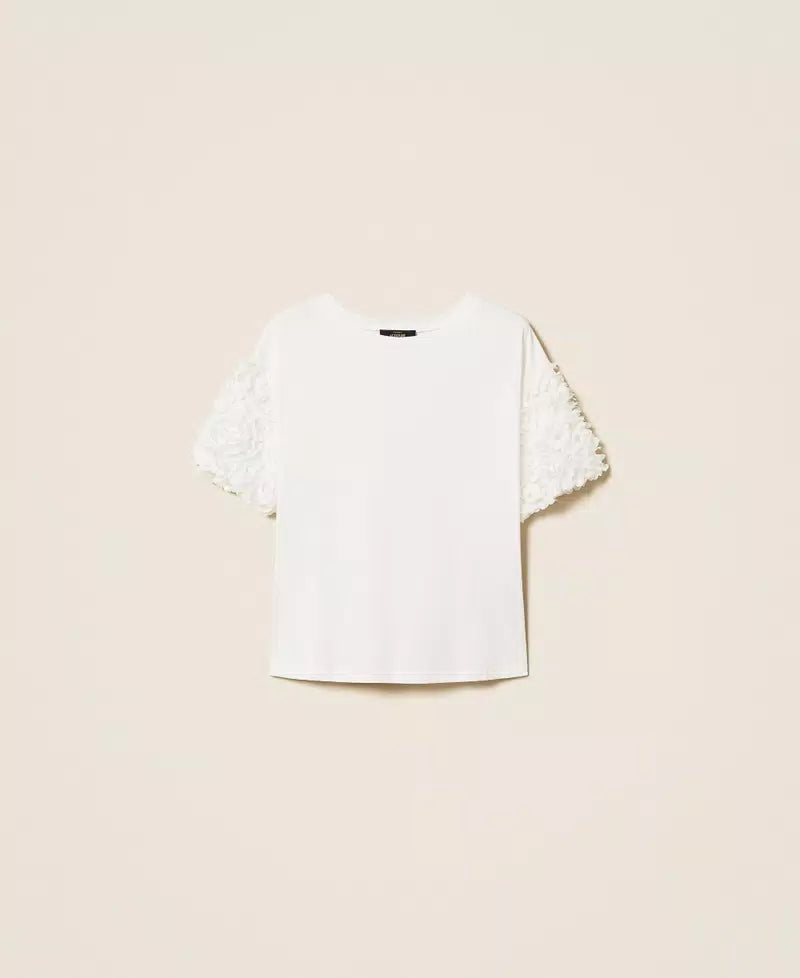 T-shirt com mangas de tule florais TWINSET