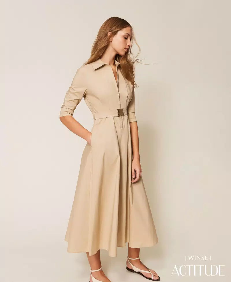 Vestido longo de popeline com cinto TWINSET