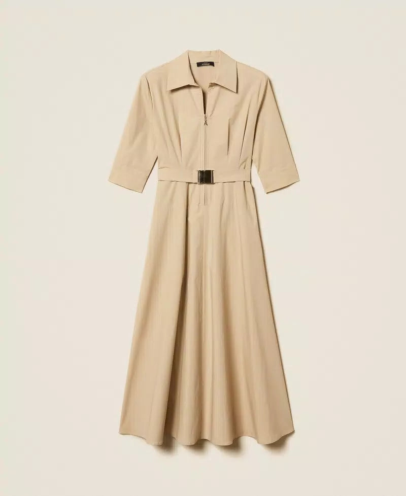 Vestido longo de popeline com cinto TWINSET