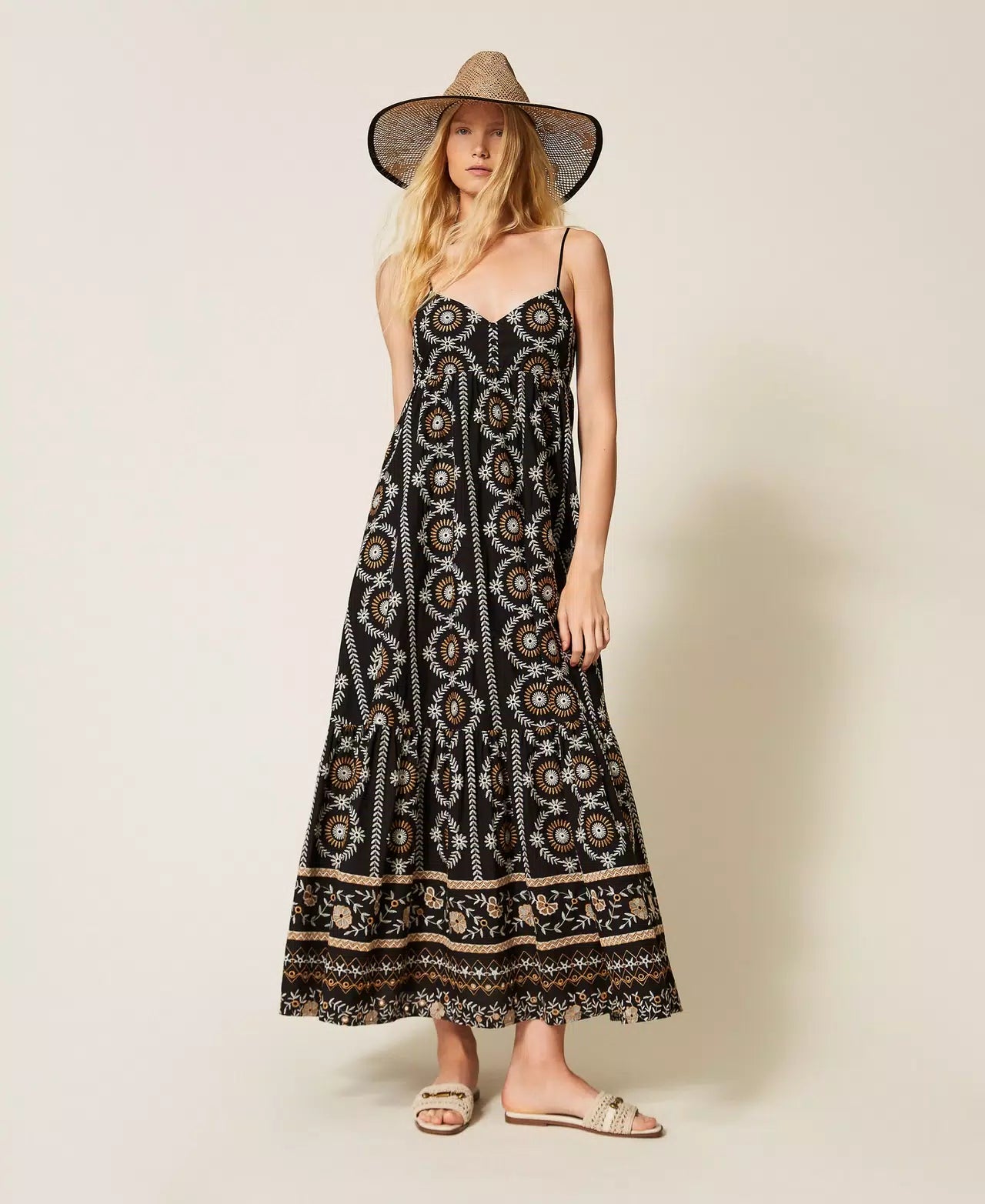 Vestido longo de musselina com bordado inglês TWINSET