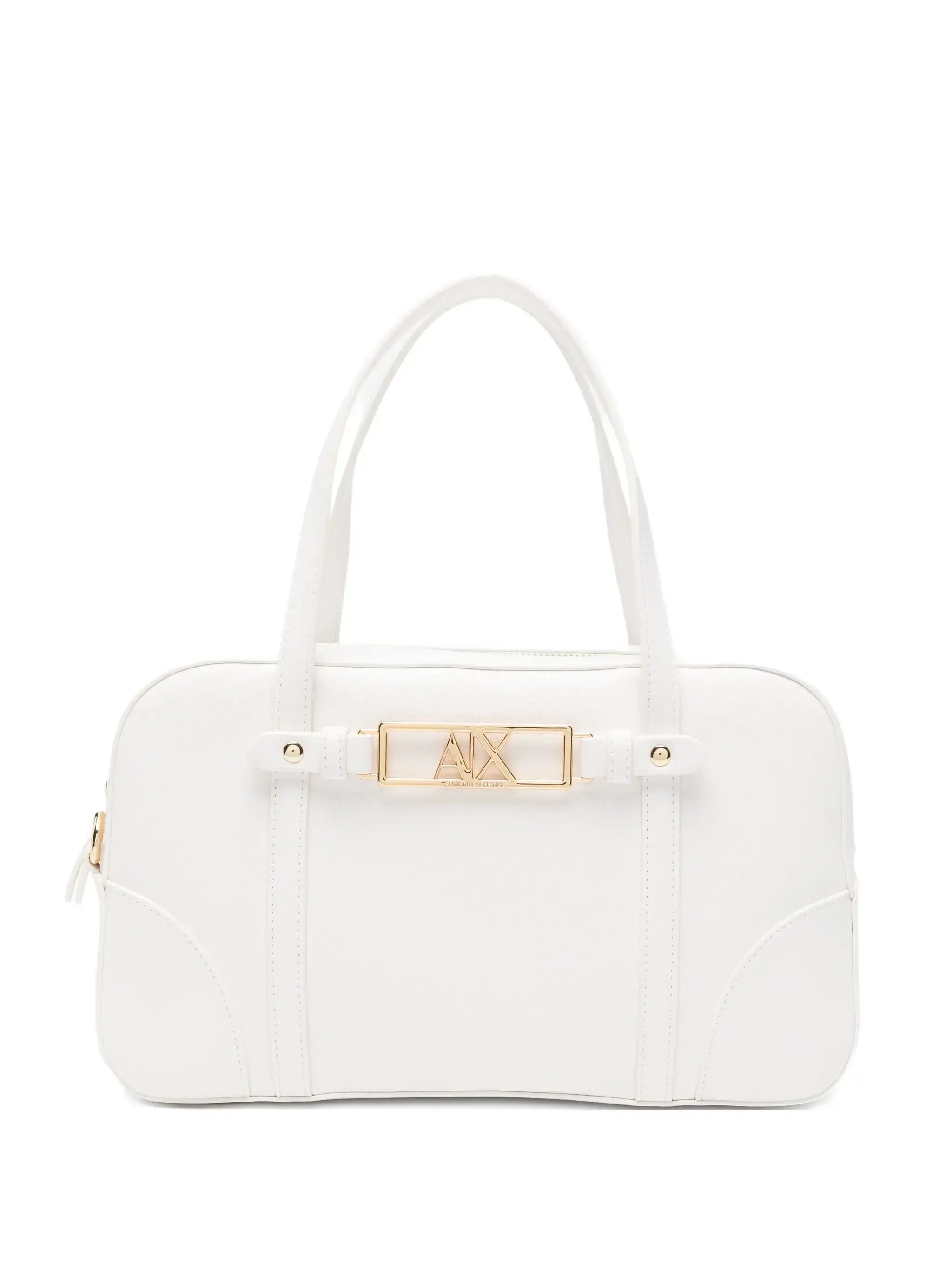 Mala Doctor Bag Off White Armani Exchange - vista frontal mala branca fecho dourado logo AX