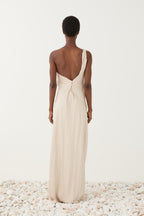 Vestido maxi assimétrico detalhe nas costas ELEH