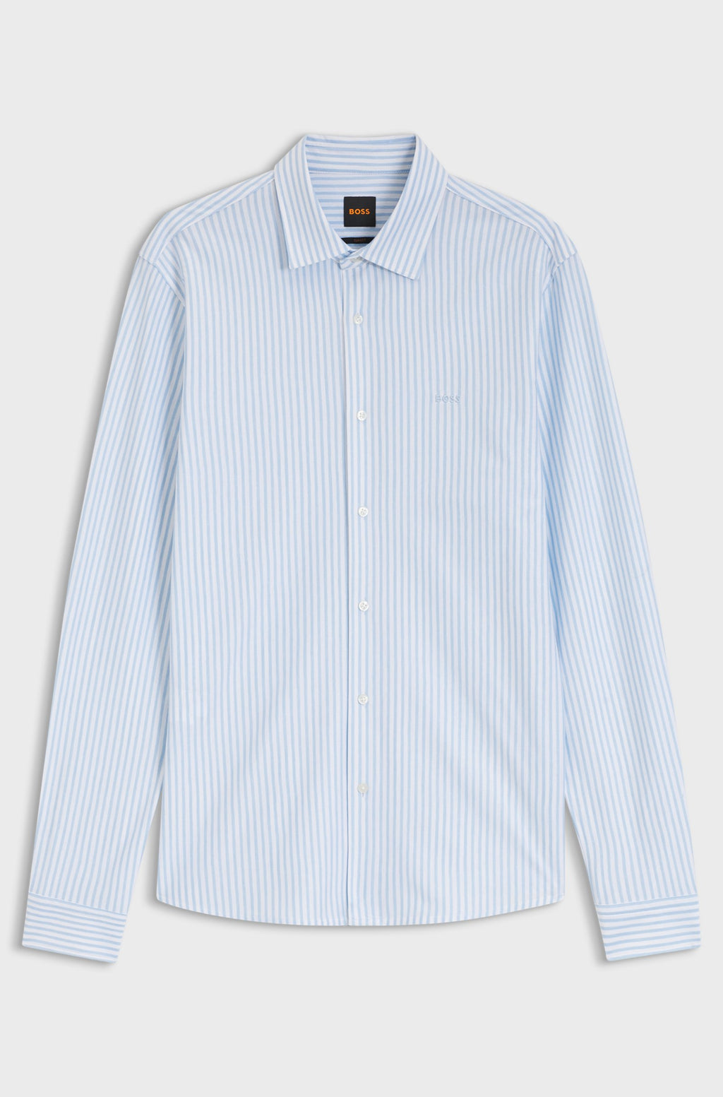 Camisa BOSS Slim Fit para homem com padrão às riscas azuis e logótipo bordado.