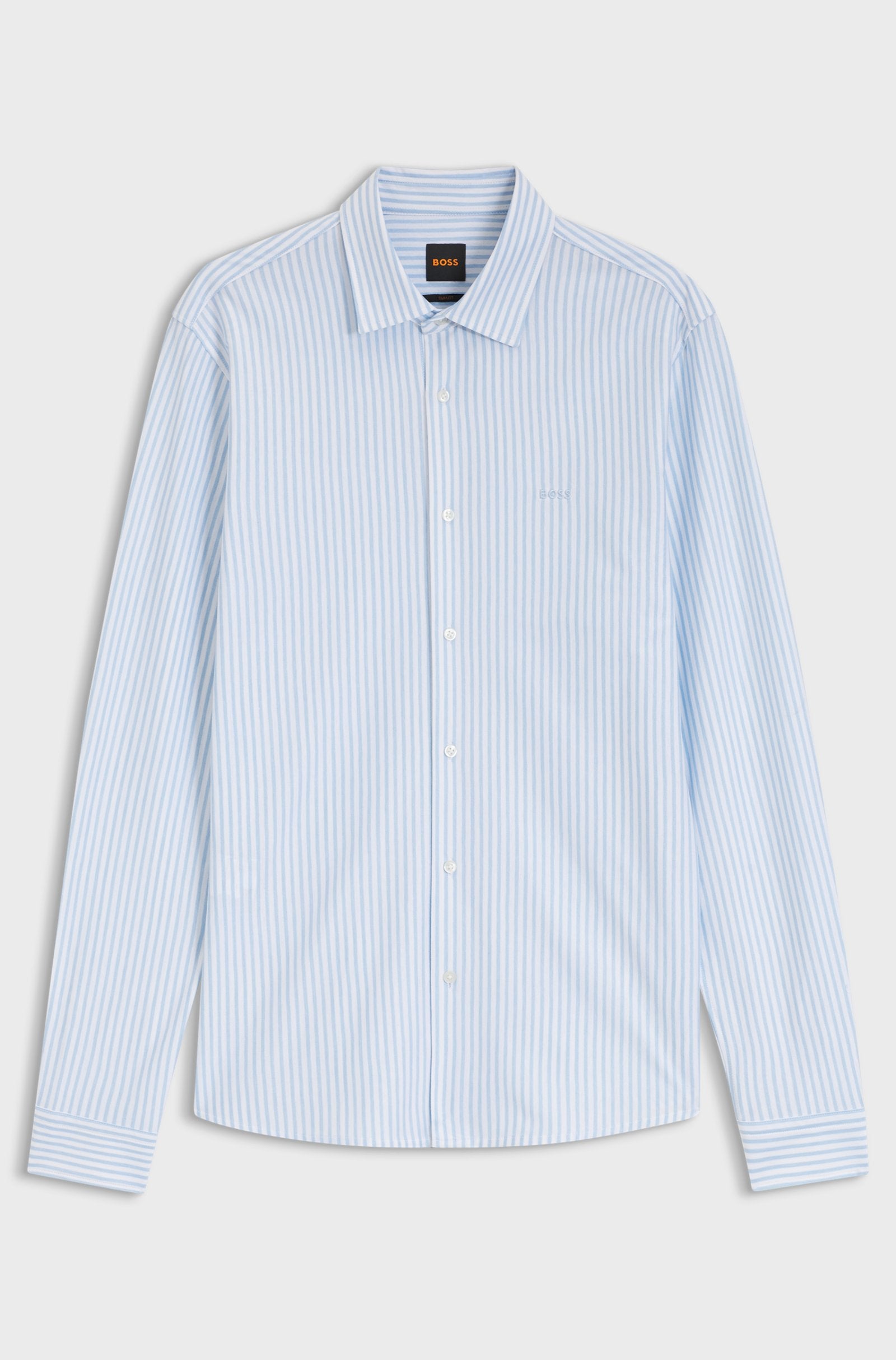 Camisa BOSS Slim Fit para homem com padrão às riscas azuis e logótipo bordado.