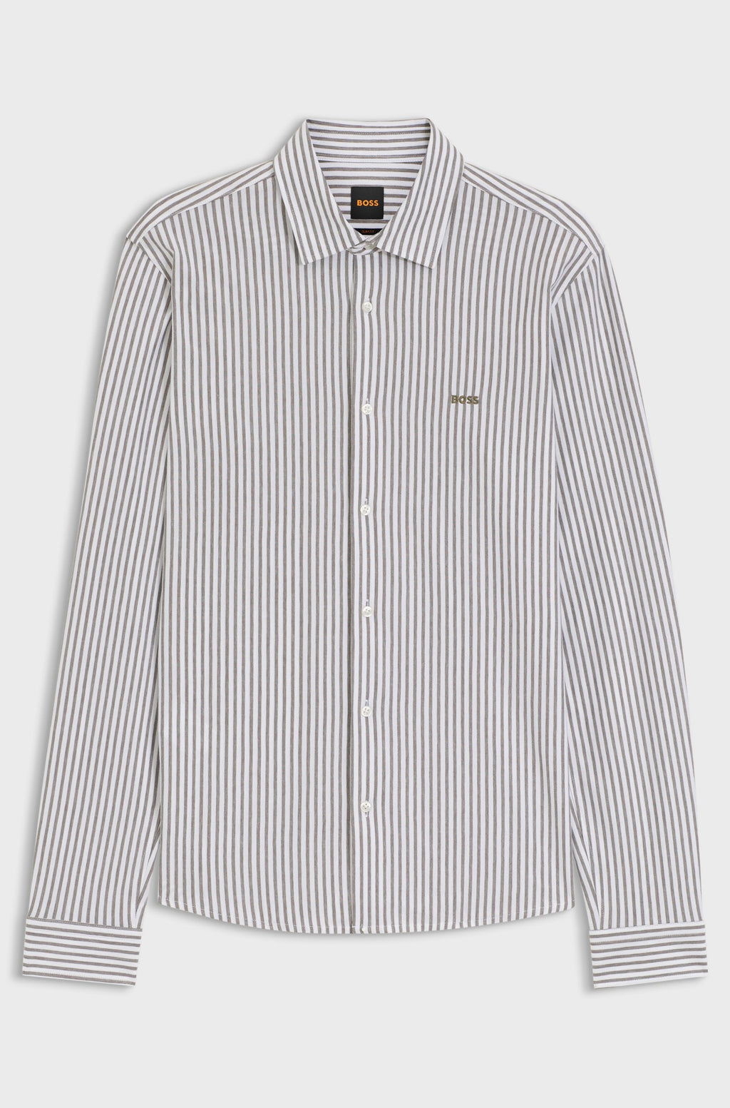 Camisa BOSS Slim Fit para homem com padrão às riscas verdes e logótipo bordado.