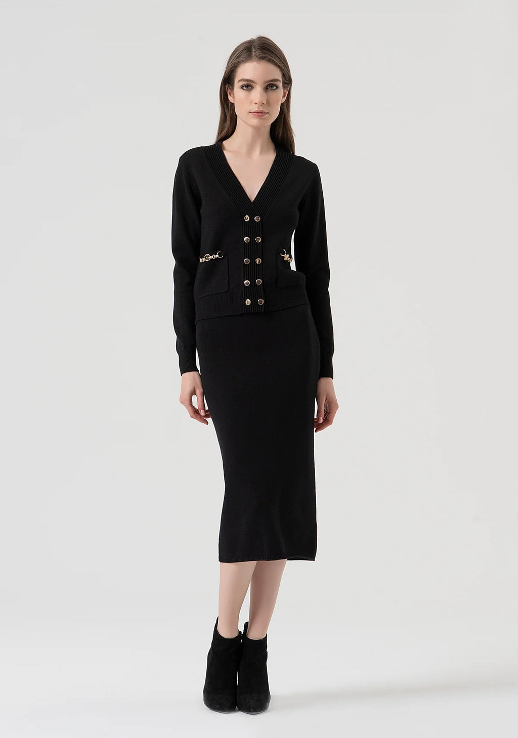 Saia malha justa com detalhes dourados Fracomina