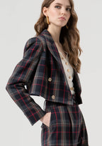 Blazer curto xadrez de abotoamento duplo com estampa Fracomina