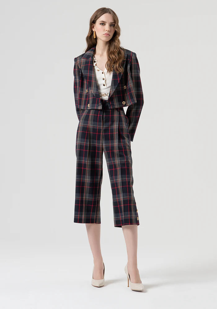 Blazer curto xadrez de abotoamento duplo com estampa Fracomina