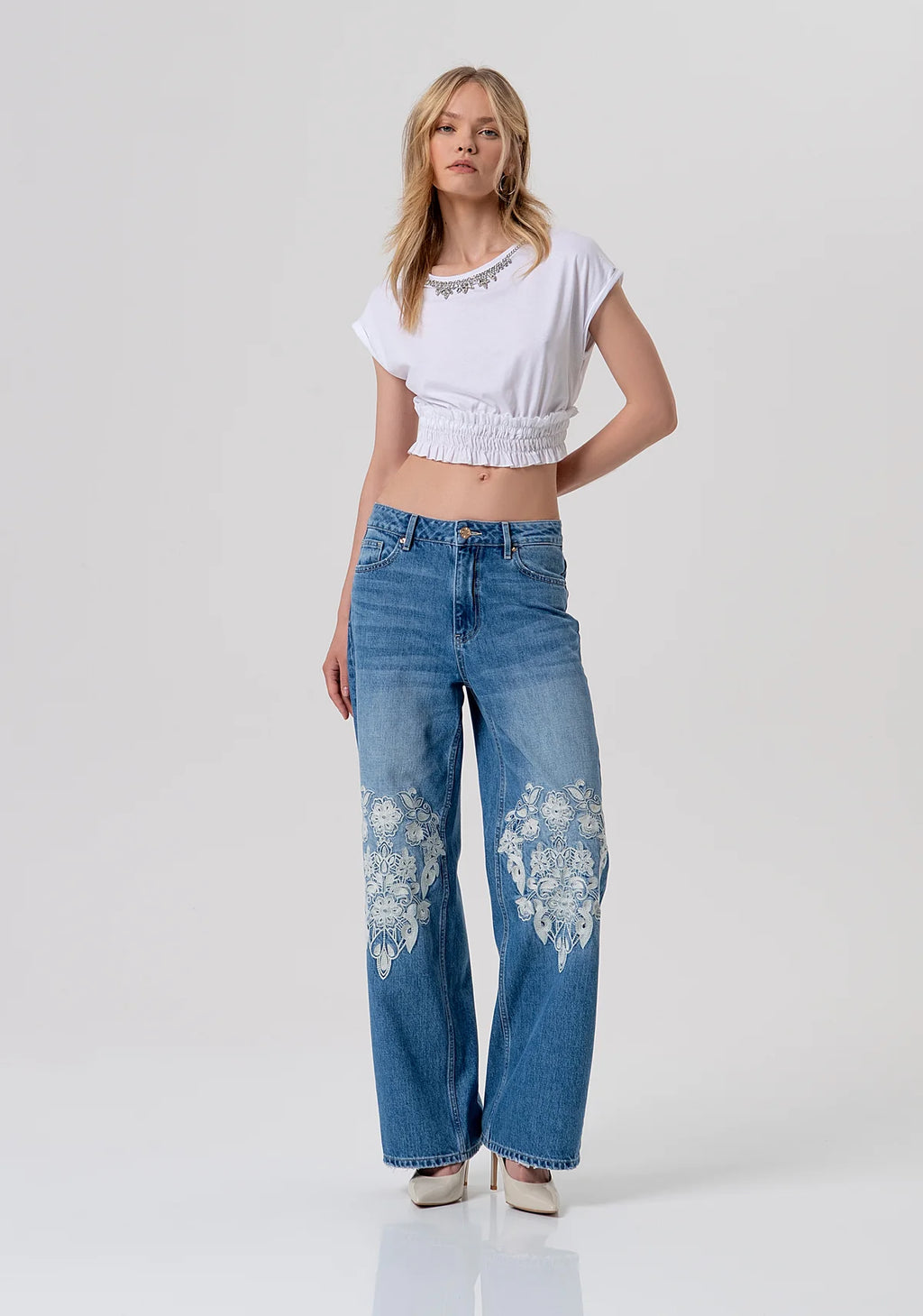 Jeans flare detalhe renda FRACOMINA