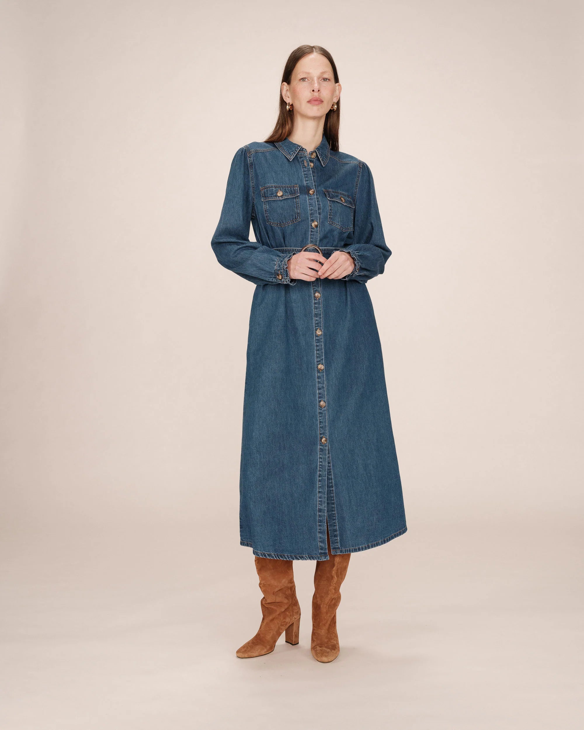 Vestido longo estilo camisa shanie Grace & Mila