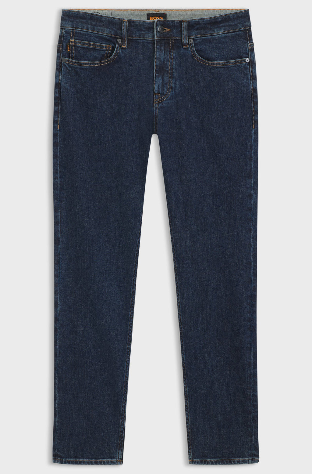 Jeans Delaware Bo BOSS para homem em ganga elástica azul-escura, com fecho de botão e fecho de correr, cinco bolsos e acabamento de elevada qualidade.
