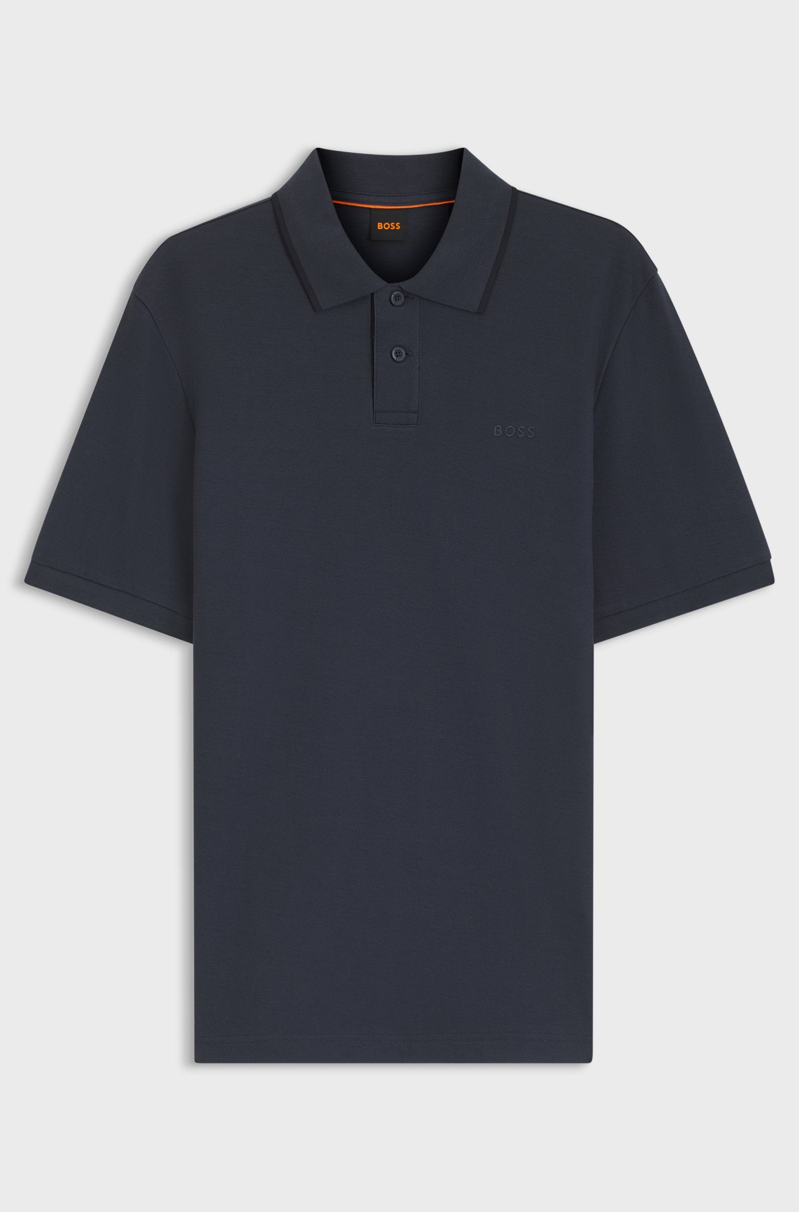 Polo Phoenix azul marinho para homem BOSS, confecionado em algodão mercerizado com tecido piqué premium, manga curta, gola clássica e acabamento de elevada qualidade.