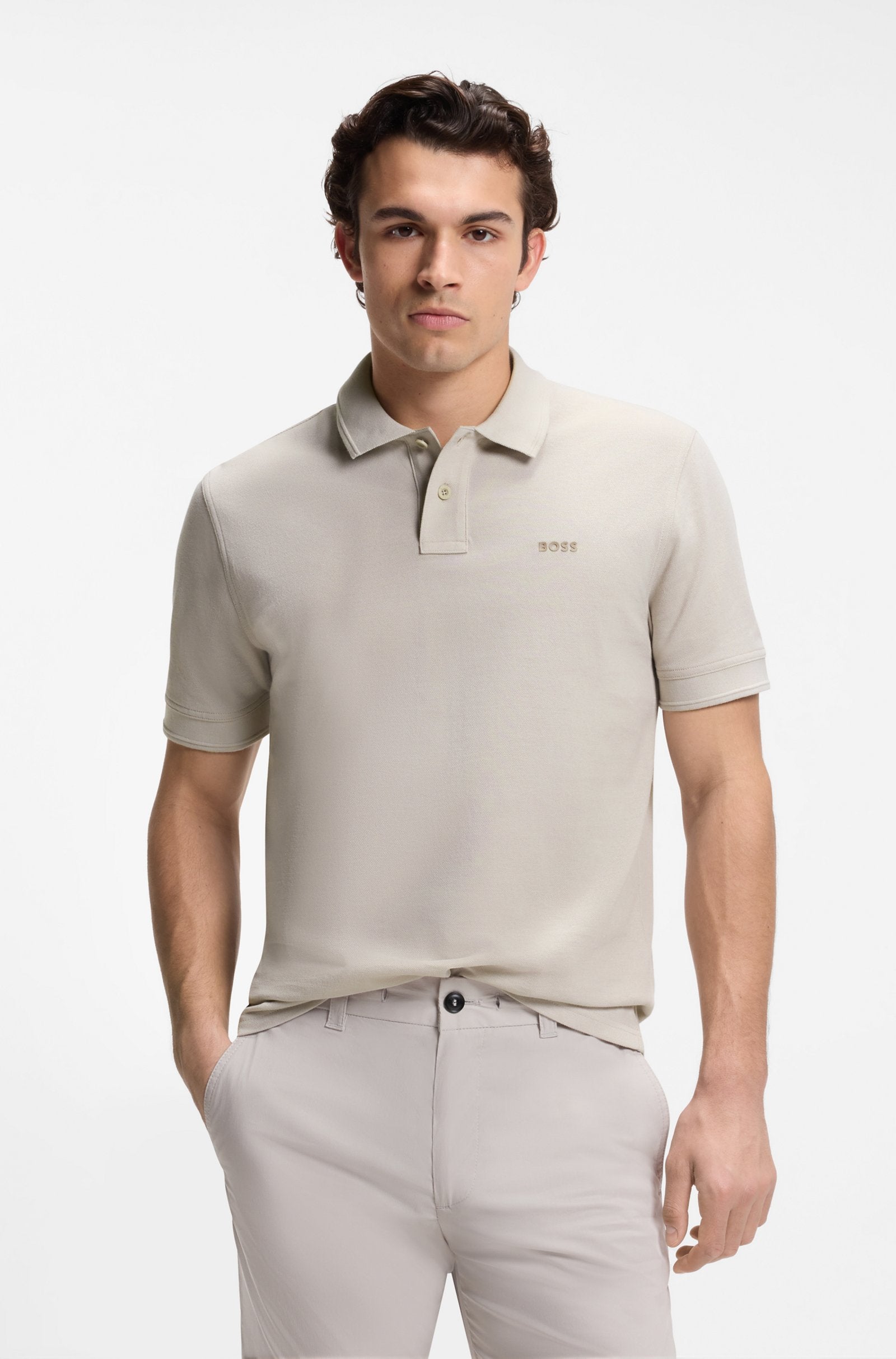 Polo Algodão Piqué Bege com Logotipo Estampado BOSS