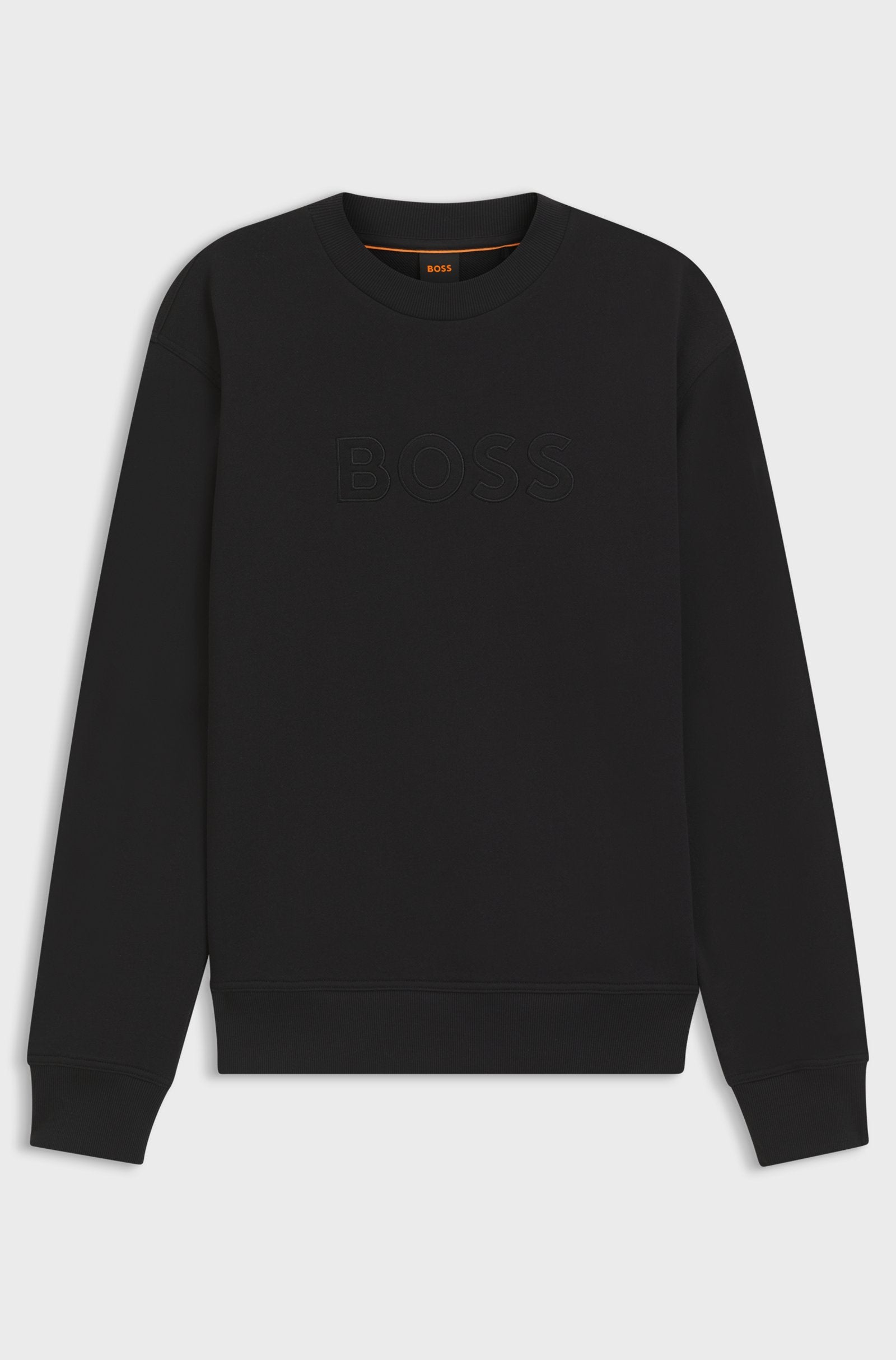 Sweatshirt BOSS preto para homem com logótipo bordado em relevo, corte relaxed fit e acabamento premium. 