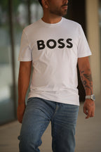 T-shirt em algodão com estampado de logótipo BOSS - branco e preto 