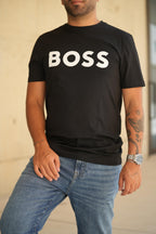 T-shirt em algodão com estampado de logótipo BOSS - preto com letras brancas