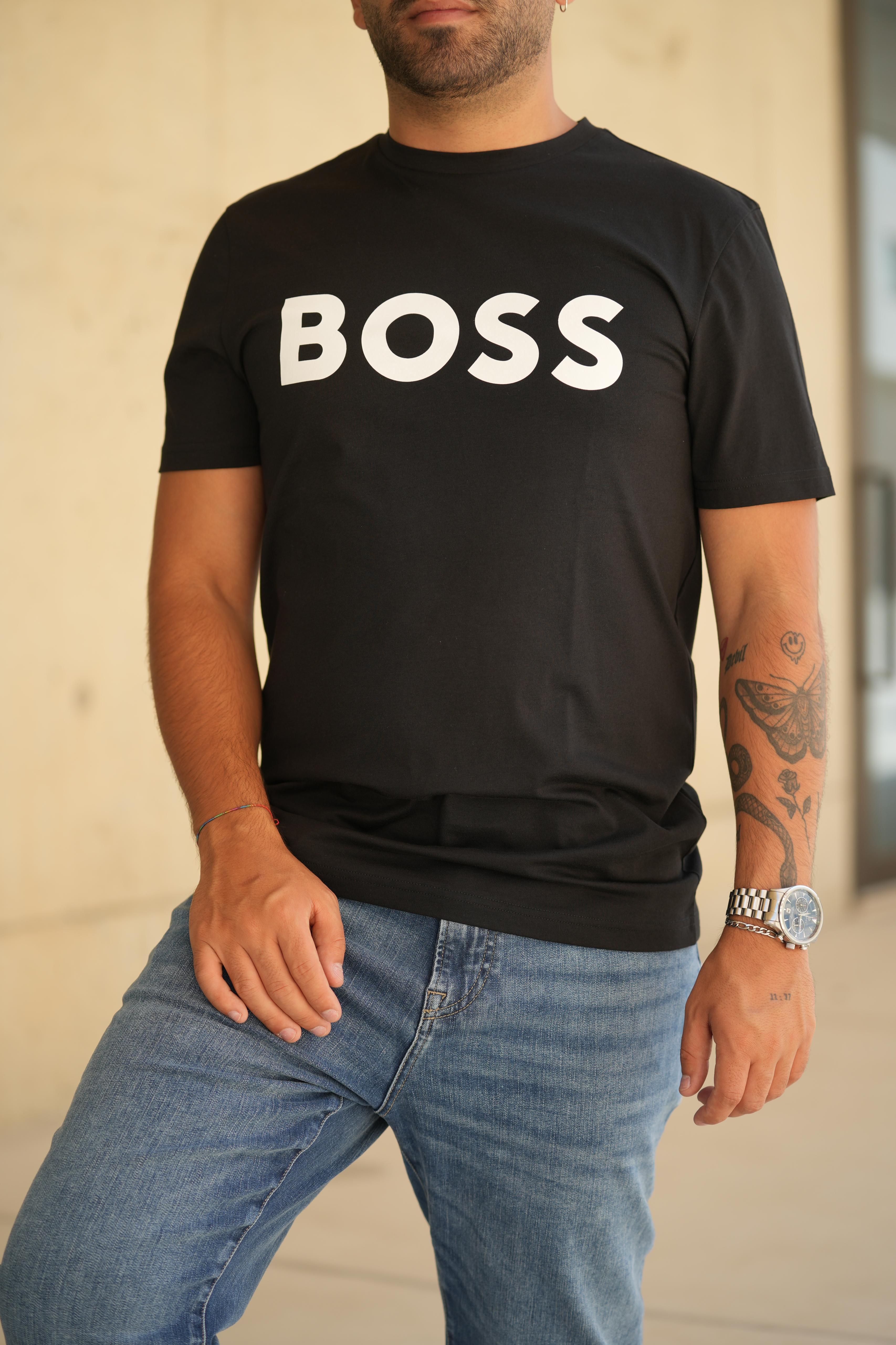 T-shirt em algodão com estampado de logótipo BOSS - preto com letras brancas