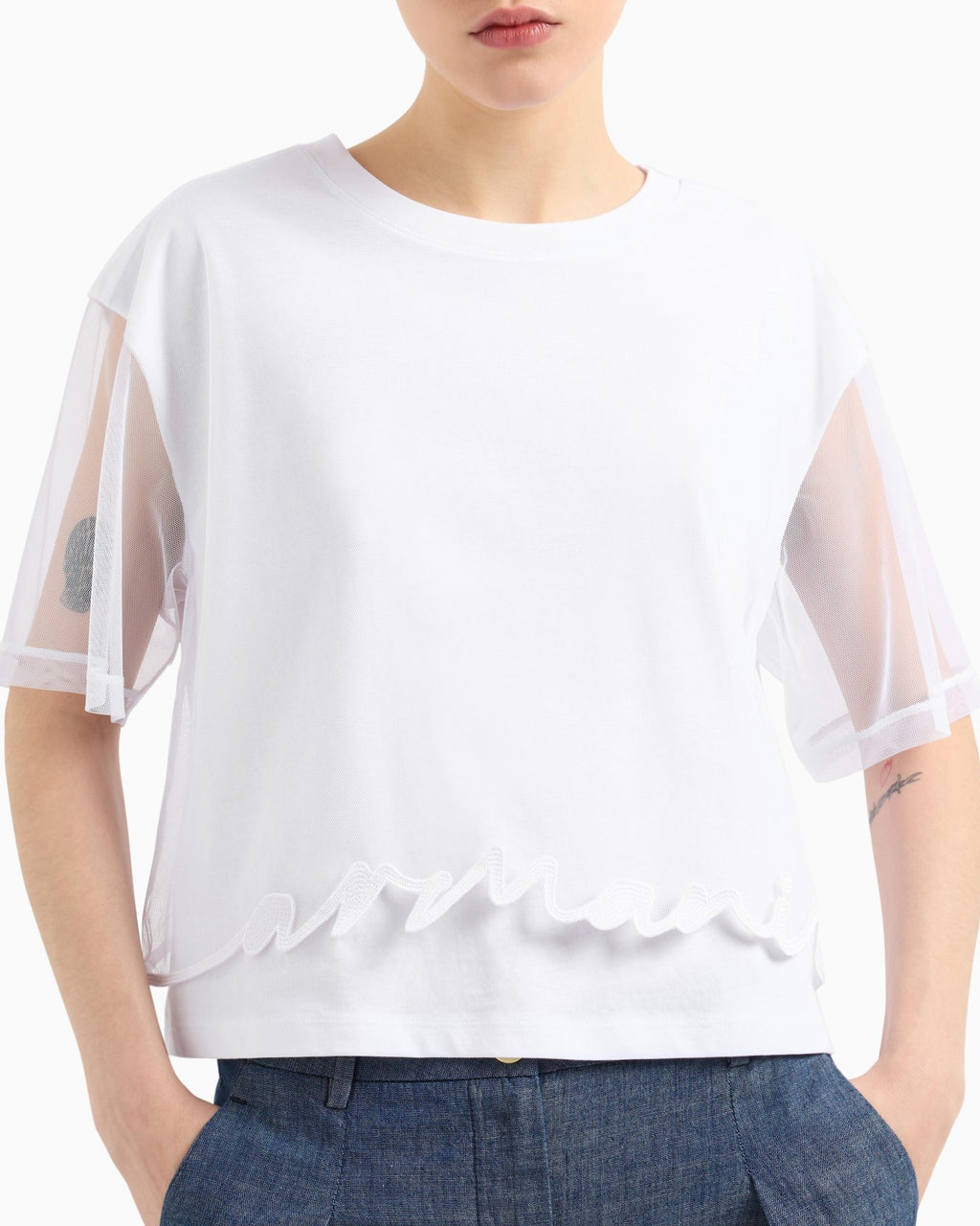 T-shirt cropped com barra modelada Armani Exchange