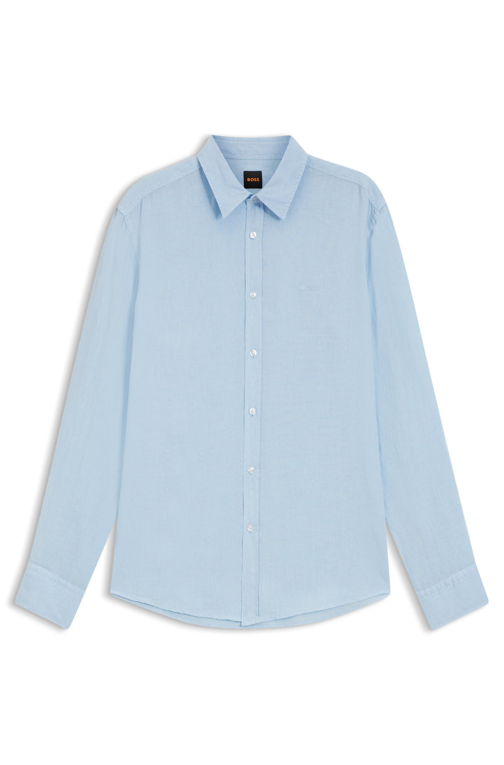 Camisa masculina BOSS em linho azul claro com gola clássica. 