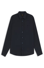 Camisa masculina BOSS em linho azul marinho com gola clássica. 