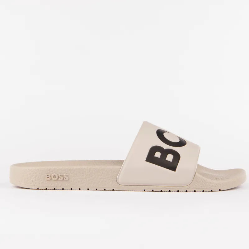 Chinelo com logo BOSS tira larga - bege vista lateral 
