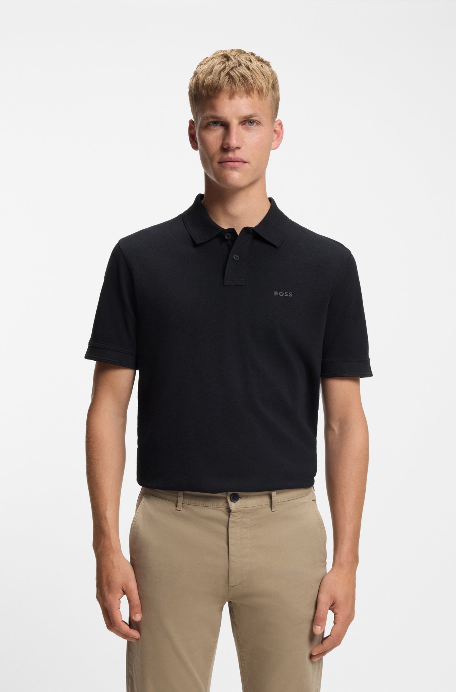 Polo Algodão Piqué em preto com Logotipo Estampado BOSS 
